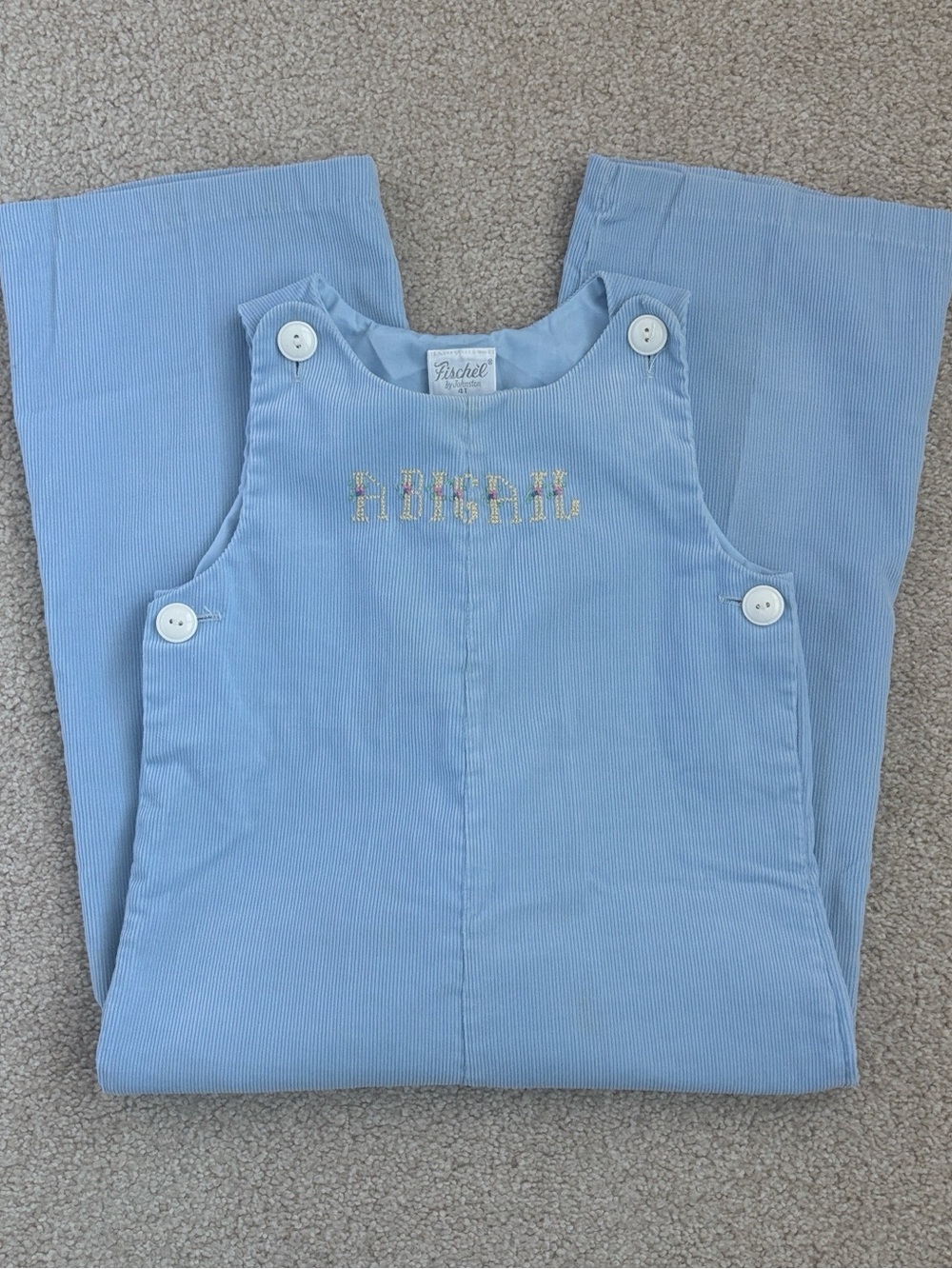 Vintage Fischel by Johnston blue corduroy longall overalls Abigail embroidery